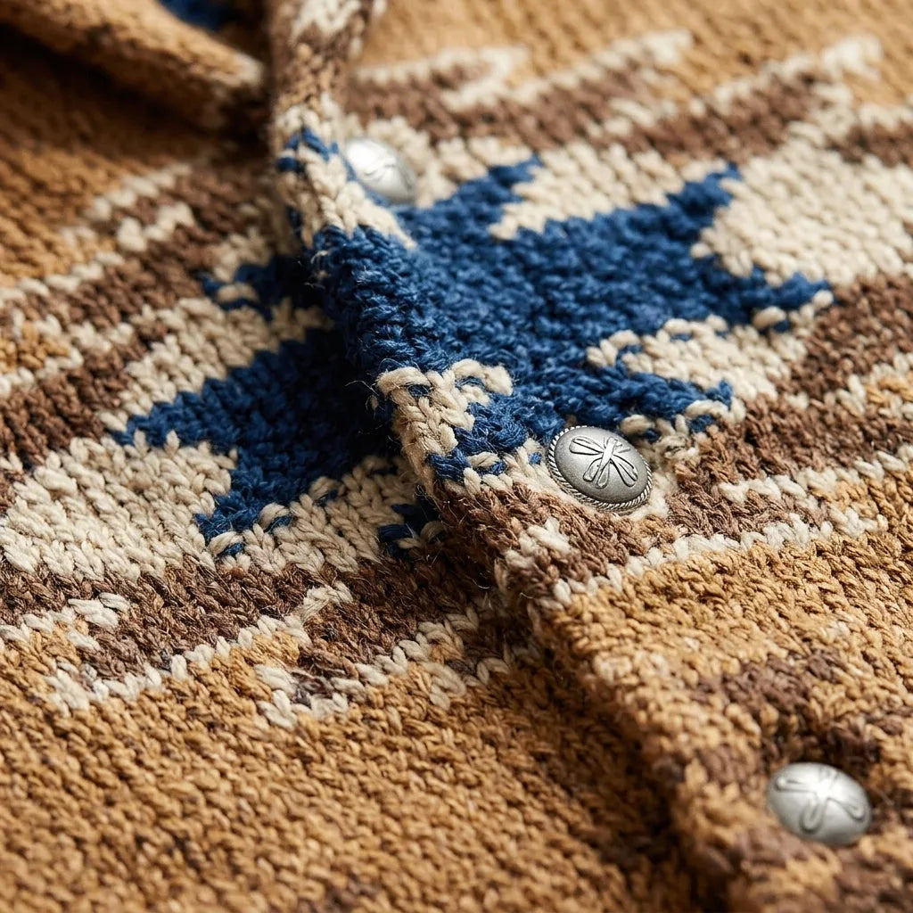 Brown Jacquard Knit Shawl Collar Cardigan