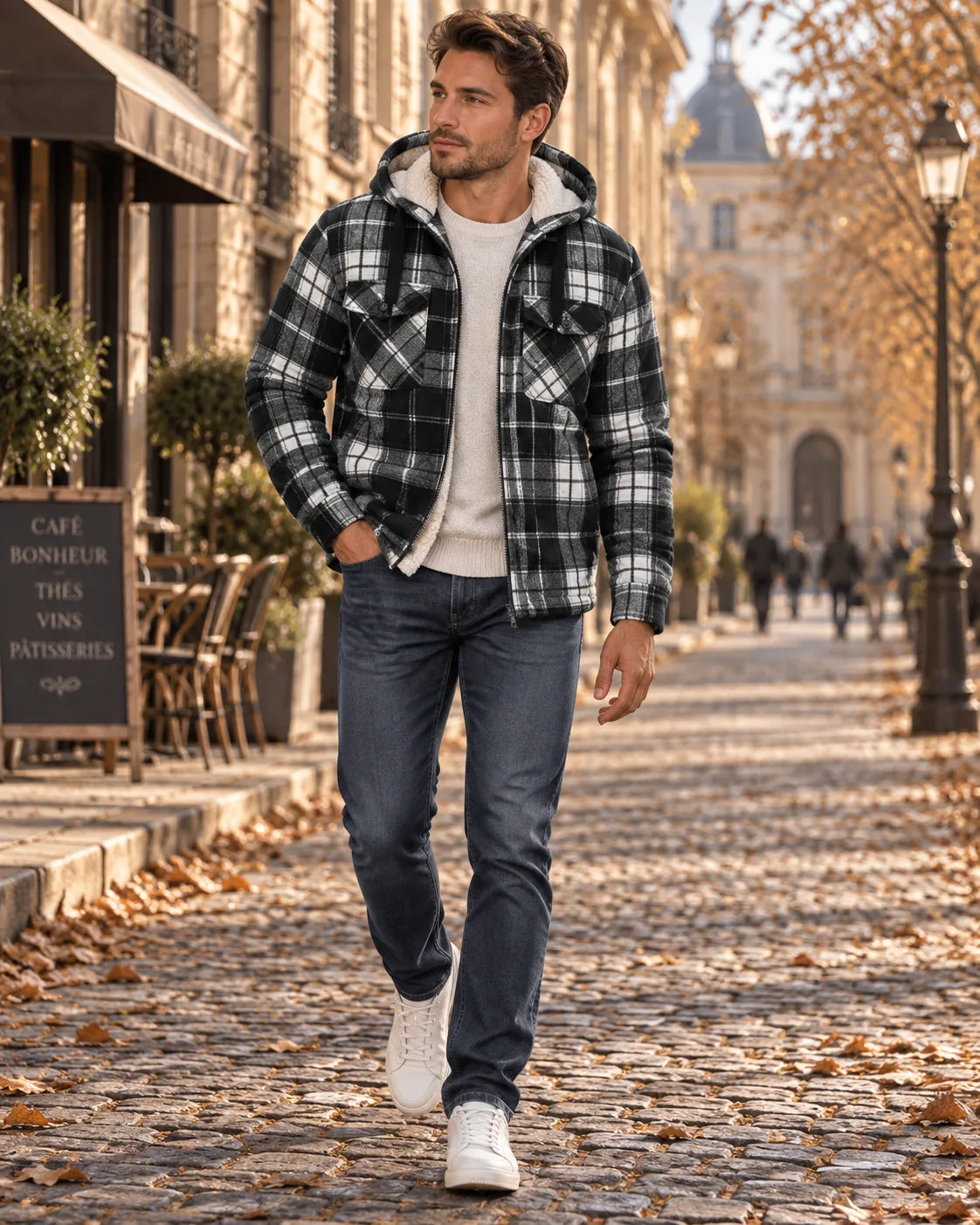 Checked Hooded Shirt Jacket with Sherpa Lining