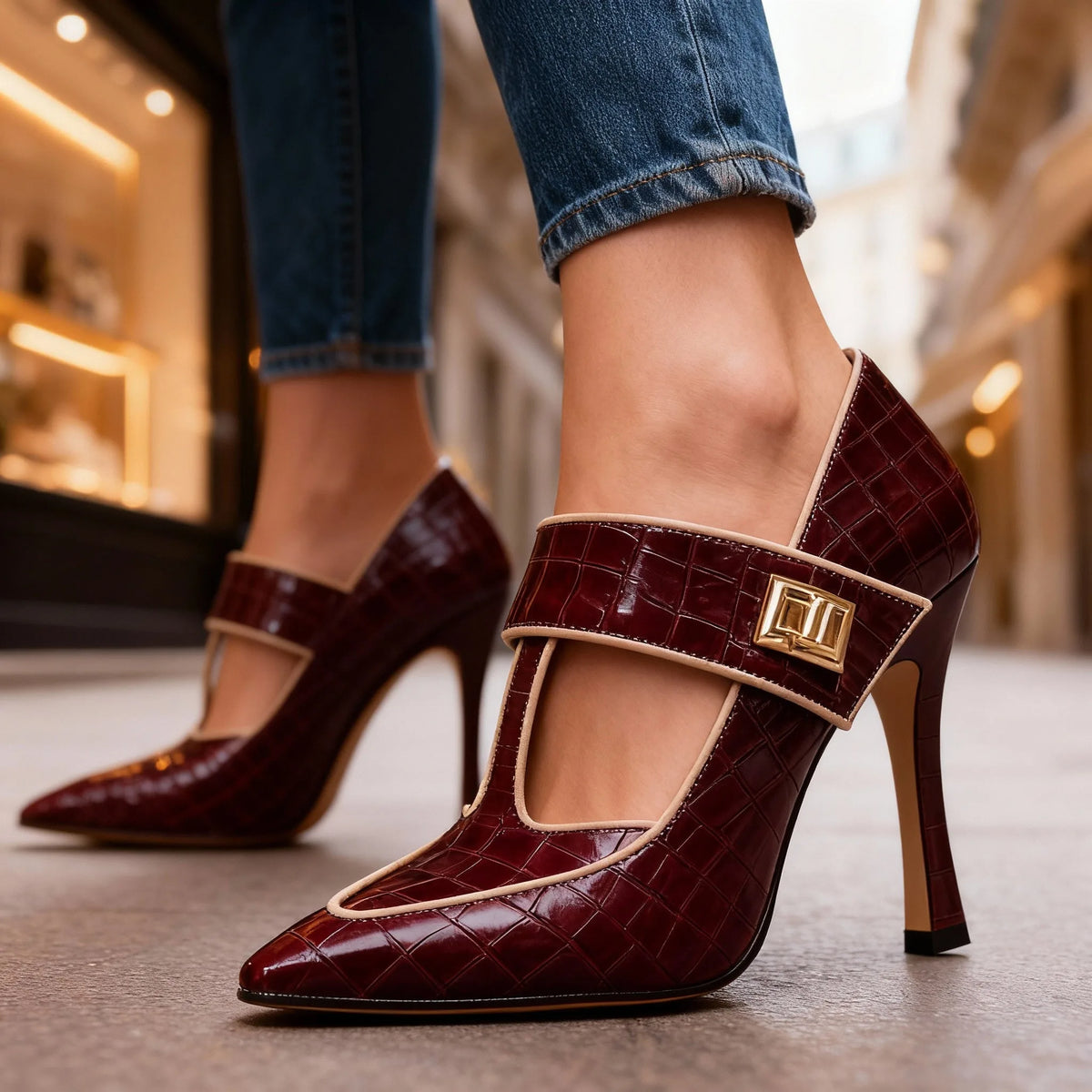 Stephanie | Croc-Embossed T-Strap Stiletto Heels for Women