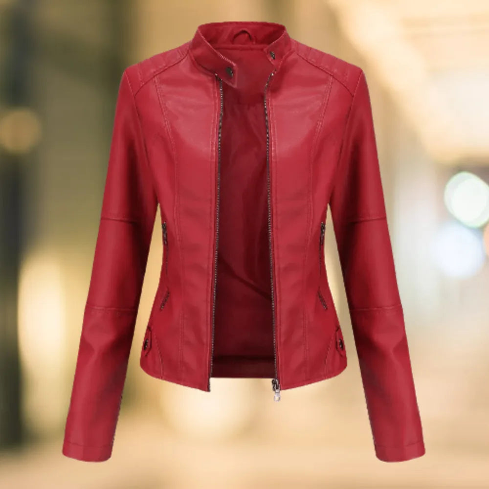 Faux Leather Stand Collar Jacket