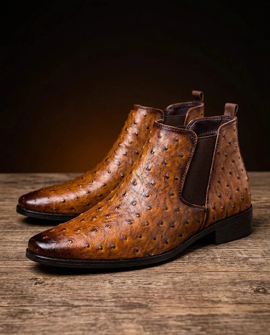 Ostrich Embossed Leather Chelsea Boots