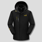 Front view of a black 3-in-1 ski jacket with detachable fleece inner layer and zipped chest pocket