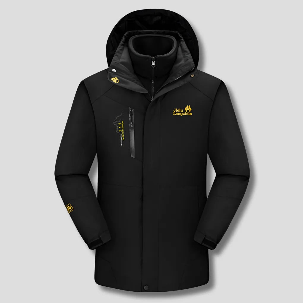 Front view of a black 3-in-1 ski jacket with detachable fleece inner layer and zipped chest pocket