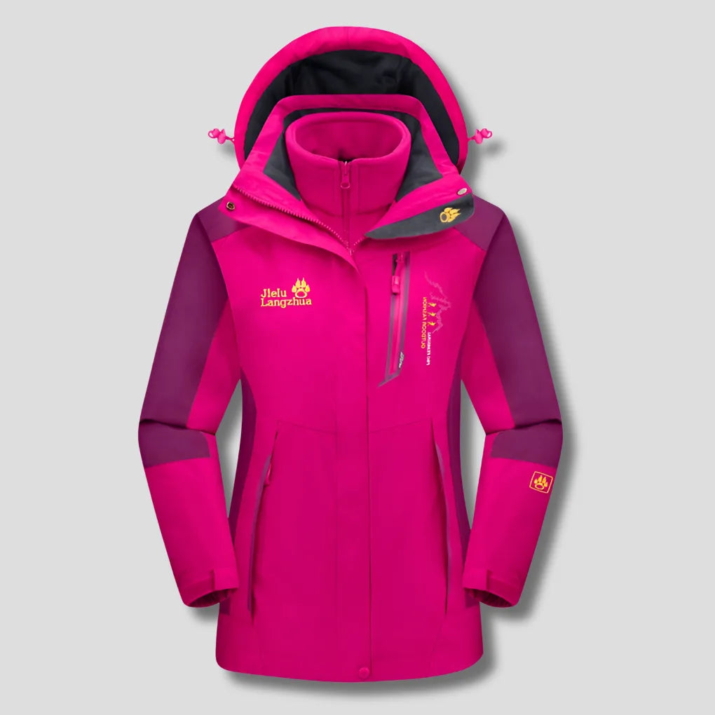 Bright pink and magenta 3-in-1 winter jacket with fleece liner, adjustable hood and zipped pockets