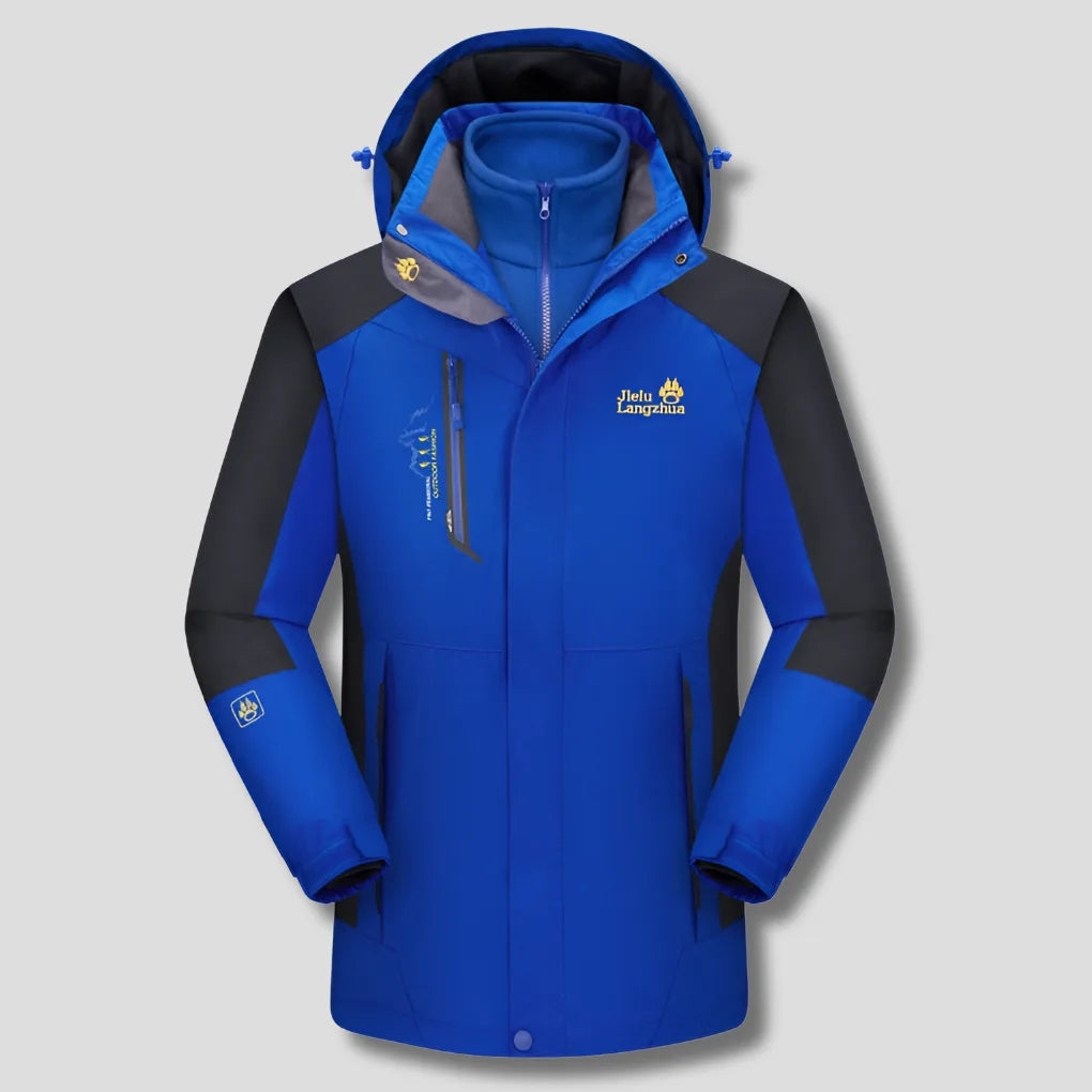 Blue and black colour-block ski jacket showing detachable fleece inner and adjustable drawcord hood