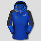 Blue and black colour-block ski jacket showing detachable fleece inner and adjustable drawcord hood