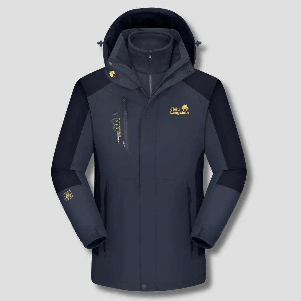 Grey and black 3-in-1 winter jacket with layered fleece collar and zipped chest pocket detail