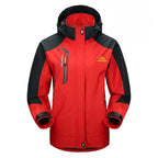 Red and black waterproof-style winter jacket with contrast shoulder panels and adjustable hood