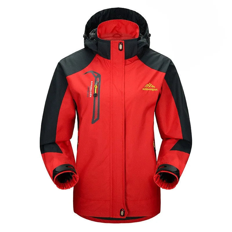 Red and black waterproof-style winter jacket with contrast shoulder panels and adjustable hood