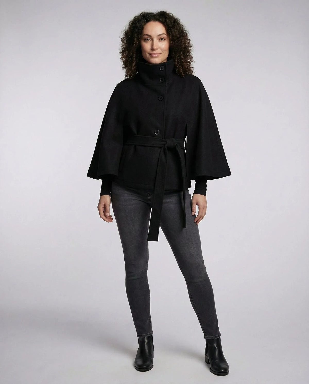 Belted Wool-Blend Cape Jacket with Stand Collar
