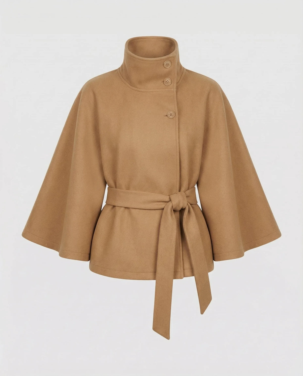 Camel-coloured belted cape jacket with asymmetric button stand collar, shown flat against a white background