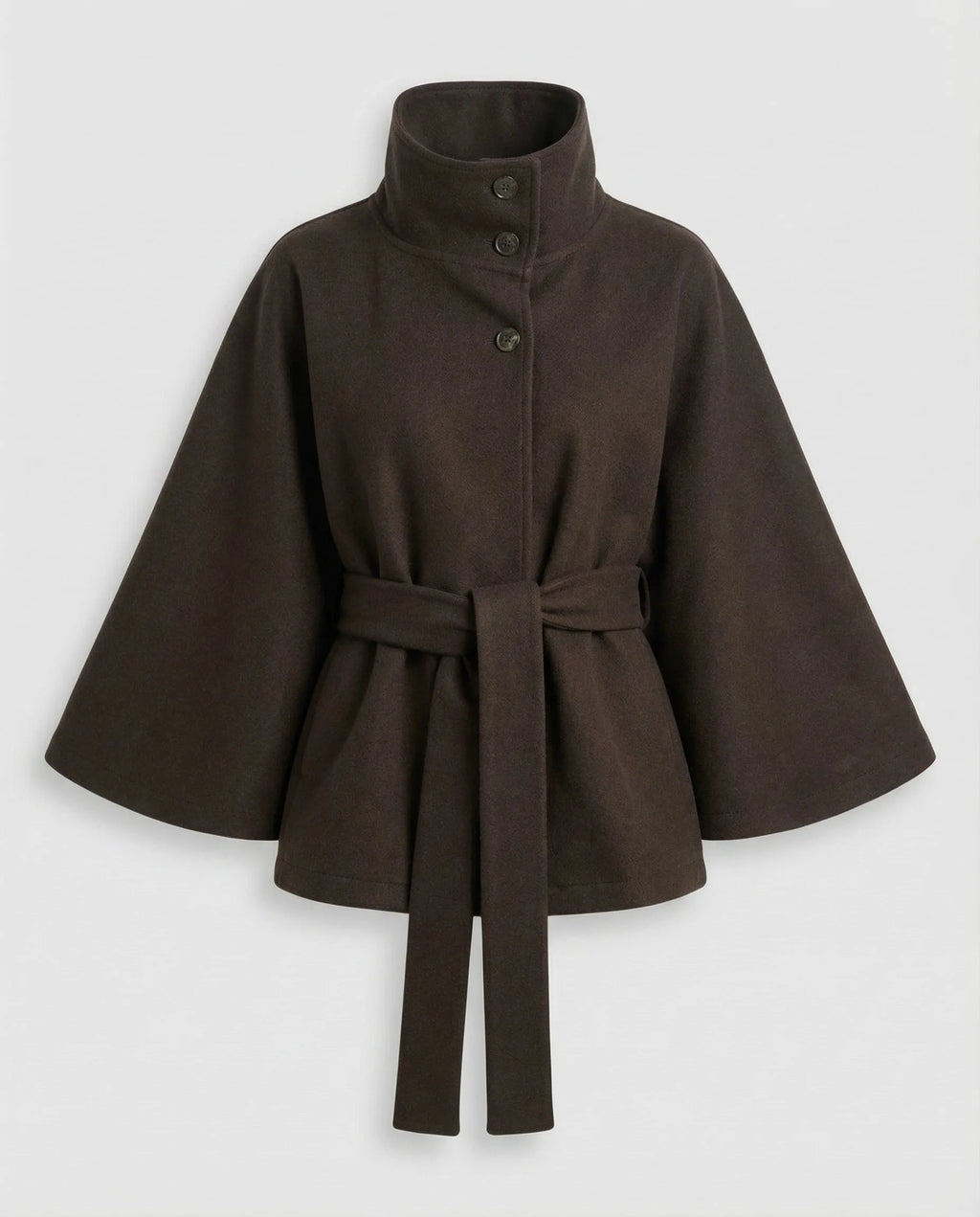 Dark brown belted cape jacket laid flat, showing the tie belt and flared bell sleeves in detail