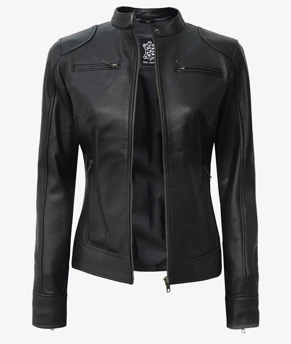 Front view of a black lambskin leather biker jacket, unzipped, showing the quilted shoulder panels and twin chest zip pockets
