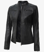 Angled front view of the black leather biker jacket highlighting the snap-button collar and streamlined café racer fit