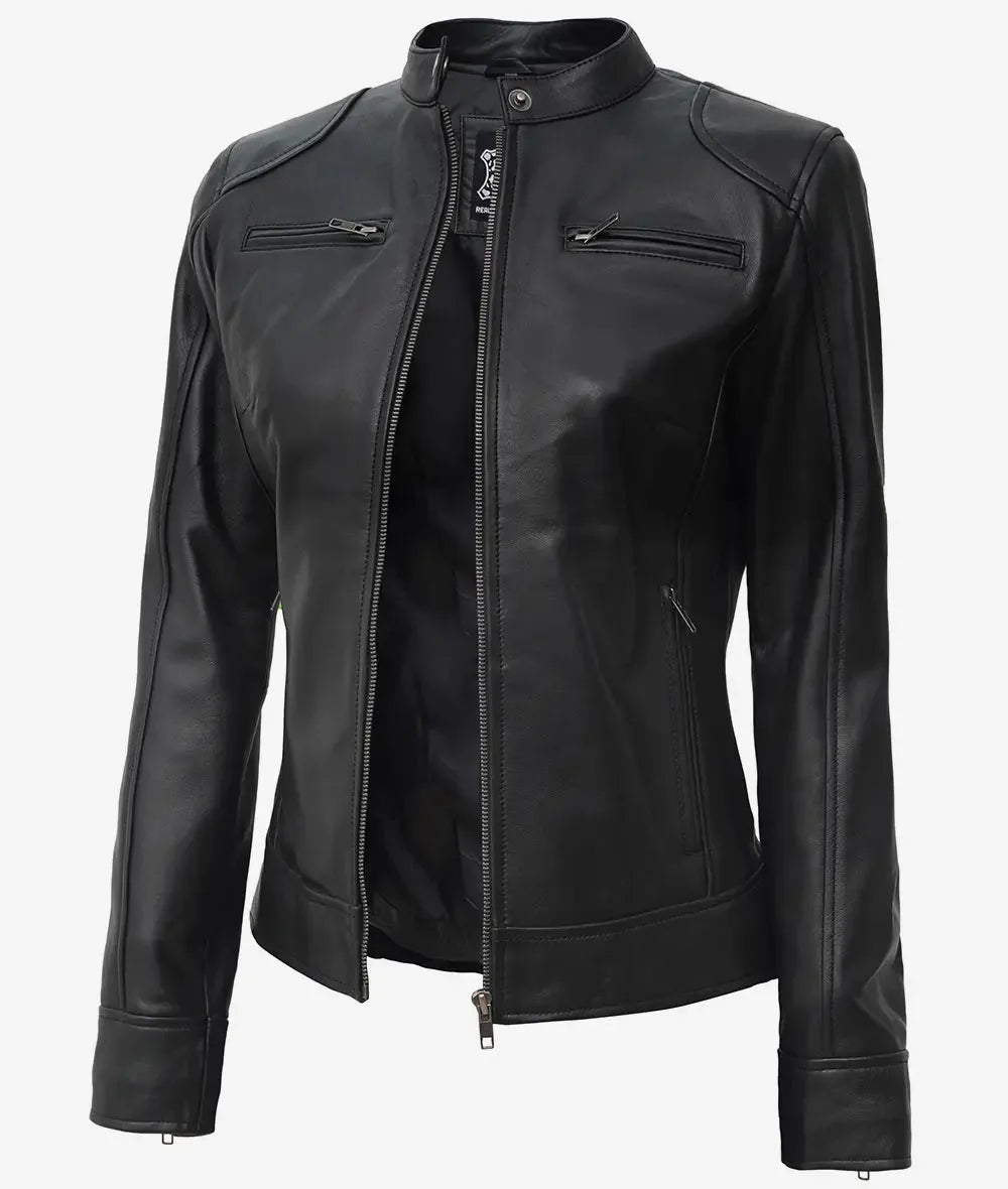 Angled front view of the black leather biker jacket highlighting the snap-button collar and streamlined café racer fit