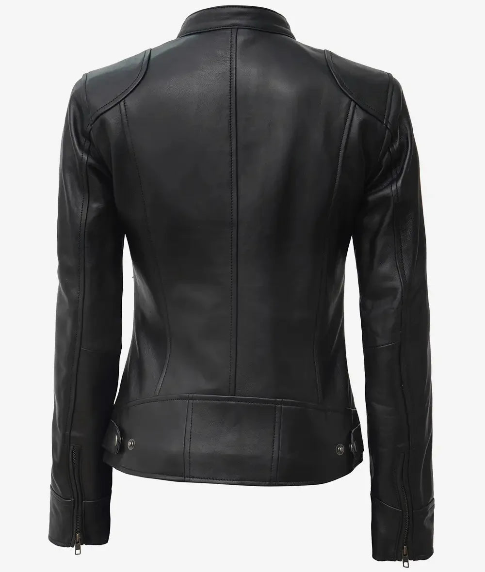 Back view of the black leather biker jacket showing the fitted waist tabs, seam detailing and zipped cuffs