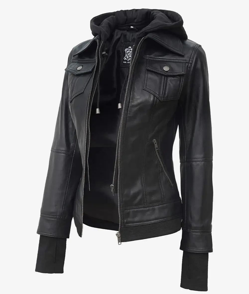 Front view of black leather bomber jacket with hood down, showing zip closure and chest pockets