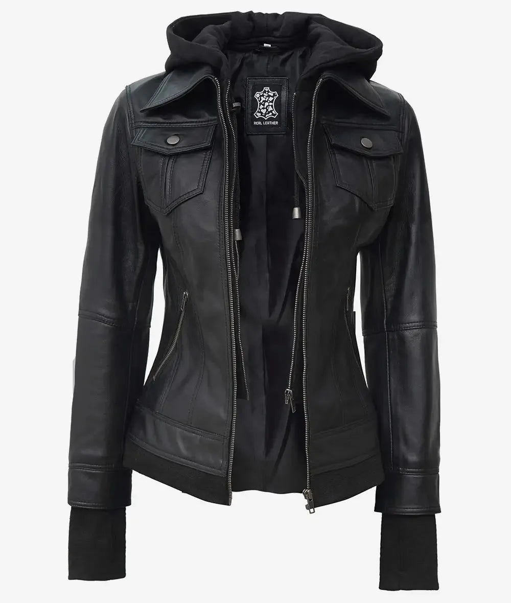 Black leather bomber jacket with hood up and drawstrings, front angled view on plain background