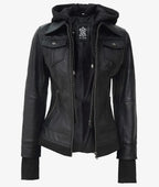 Black leather bomber jacket with hood up and drawstrings, front angled view on plain background