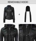 Removable hood shown detached from jacket, plus close up of collar and cuff details