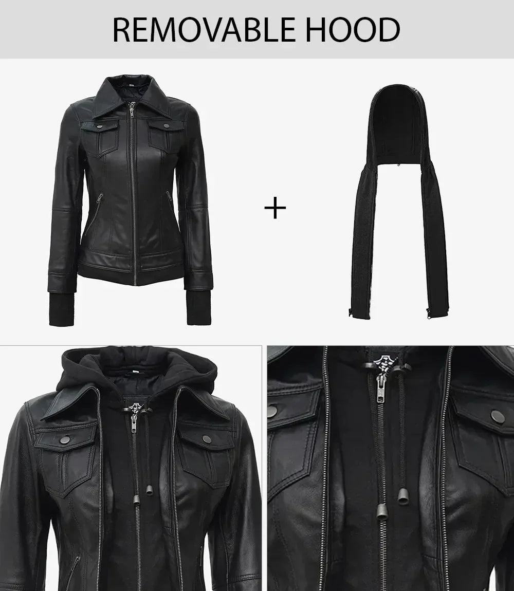 Removable hood shown detached from jacket, plus close up of collar and cuff details