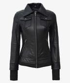 Black leather bomber jacket with collar up and hood removed, front facing view