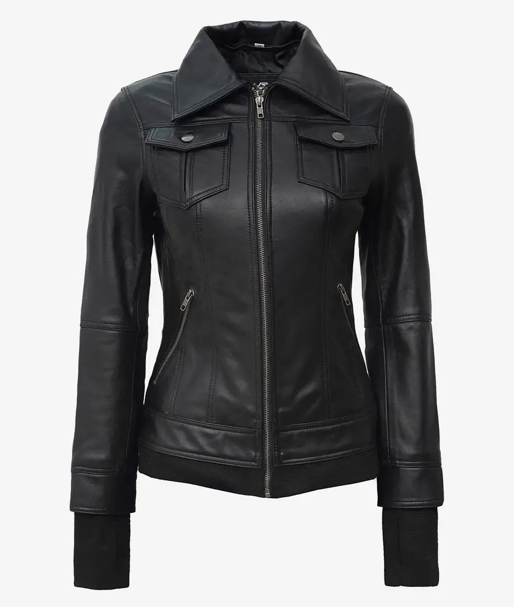 Black leather bomber jacket with collar up and hood removed, front facing view