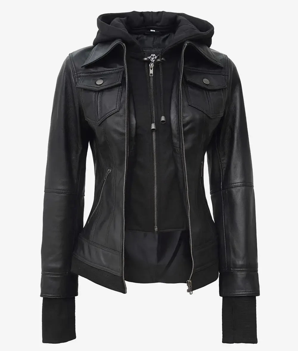 Black leather bomber jacket with hood attached and zipped open, revealing soft lining