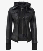 Black leather bomber jacket with hood attached and zipped open, revealing soft lining