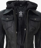 Close up of chest pockets, zip pull and leather patch on collar area with hood visible