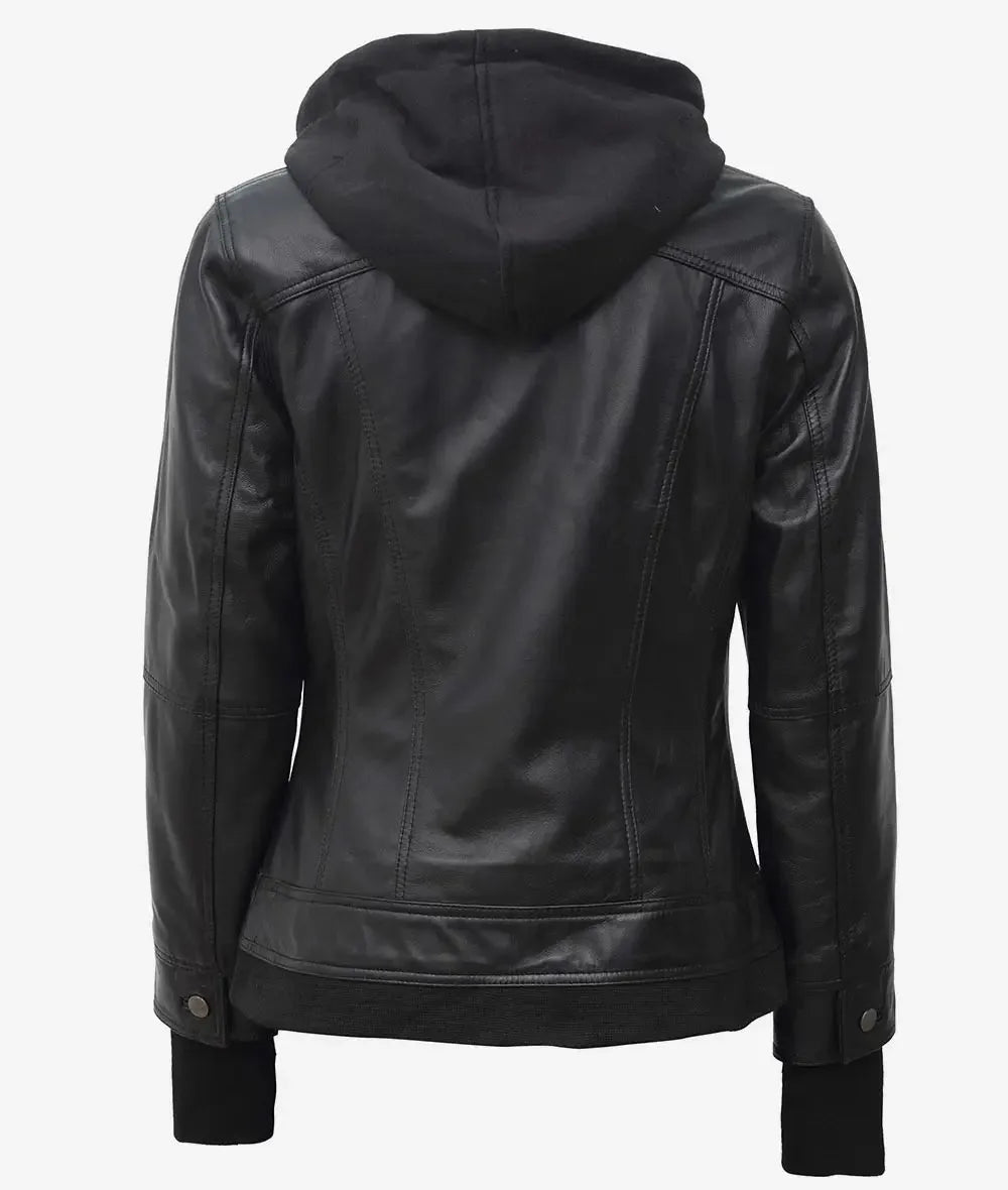 Back view of jacket showing hood, shoulder seams and ribbed hem in black leather
