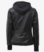 Back view of jacket showing hood, shoulder seams and ribbed hem in black leather