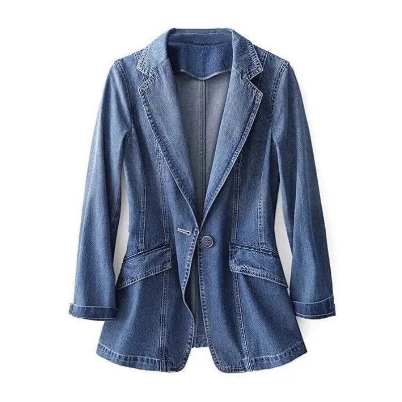 Front view of a blue denim tailored blazer with notch lapel, single button fastening and long sleeves on a plain background