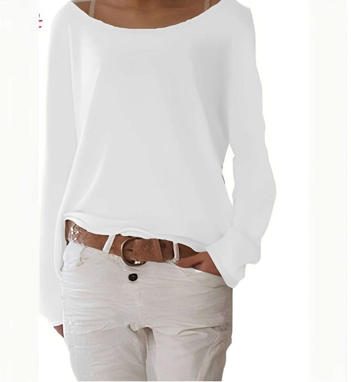White boat neck jumper with relaxed long sleeves and turned cuffs, shown over white trousers with a tan belt