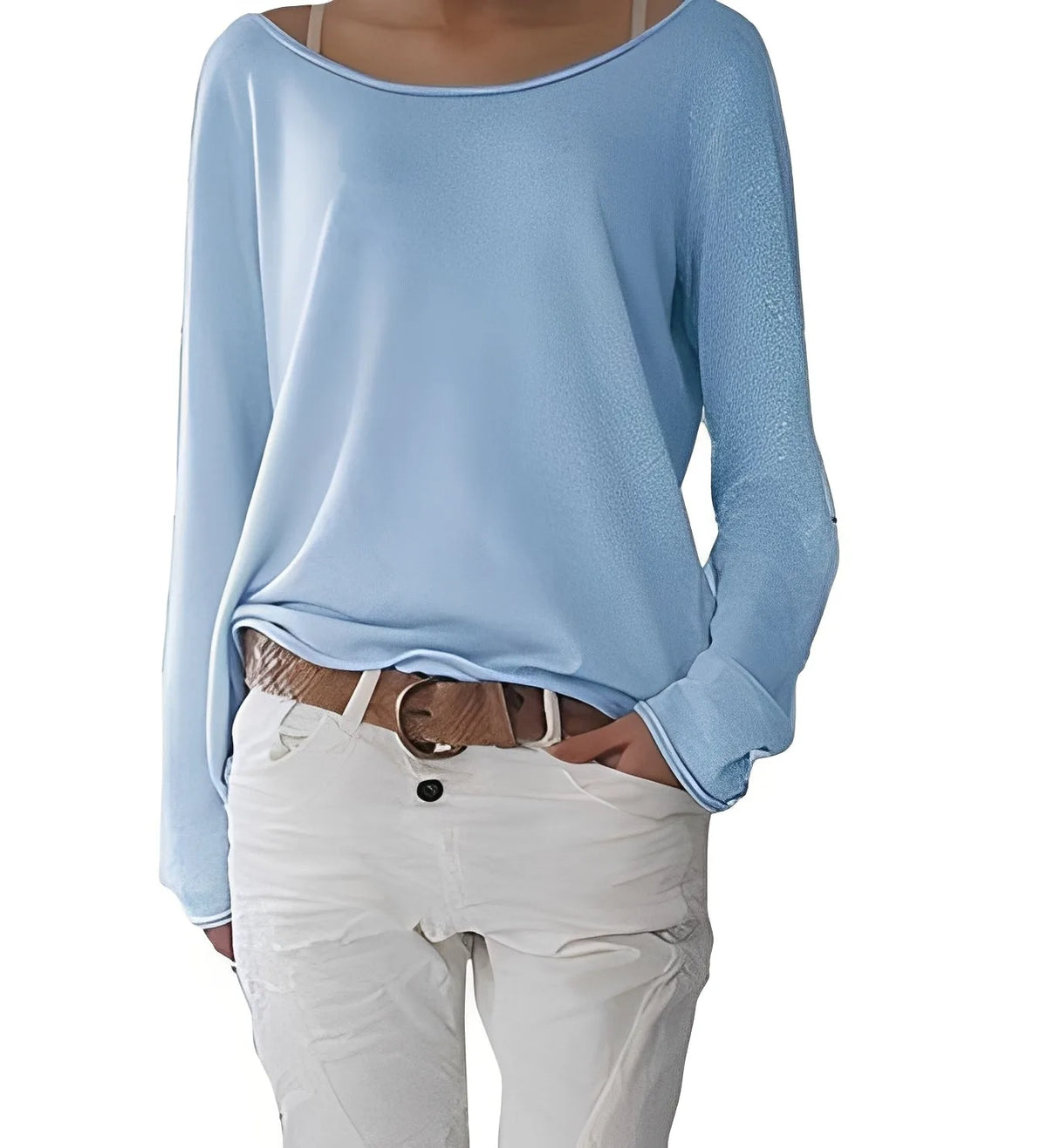 Pale blue boat neck jumper with lightweight drape, long sleeves and folded cuffs, styled with white trousers