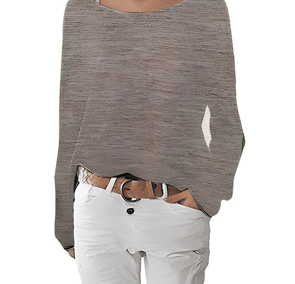 Close-up of taupe textured knit jumper showing the relaxed boat neckline and ribbed fabric detail