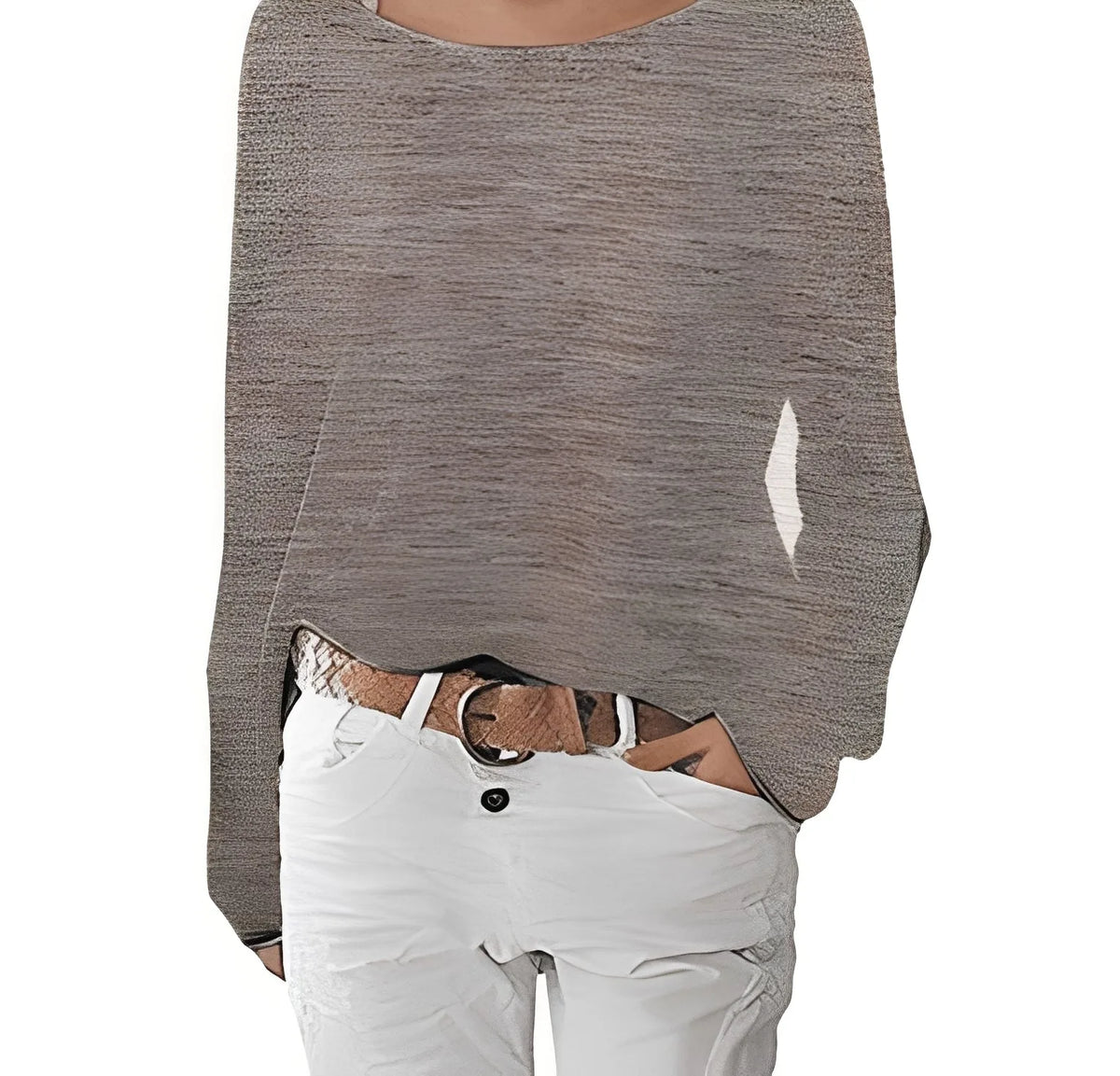 Close-up of taupe textured knit jumper showing the relaxed boat neckline and ribbed fabric detail