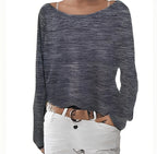 Dark grey marled knit jumper with textured yarn, boat neckline and long sleeves, draped loosely at the hip