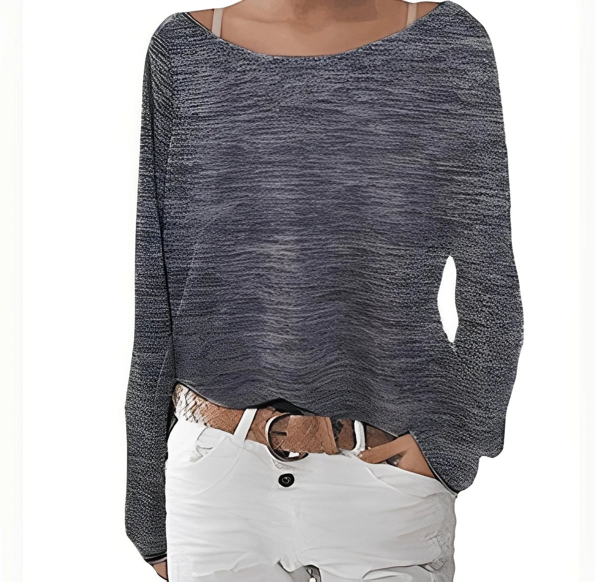 Dark grey marled knit jumper with textured yarn, boat neckline and long sleeves, draped loosely at the hip