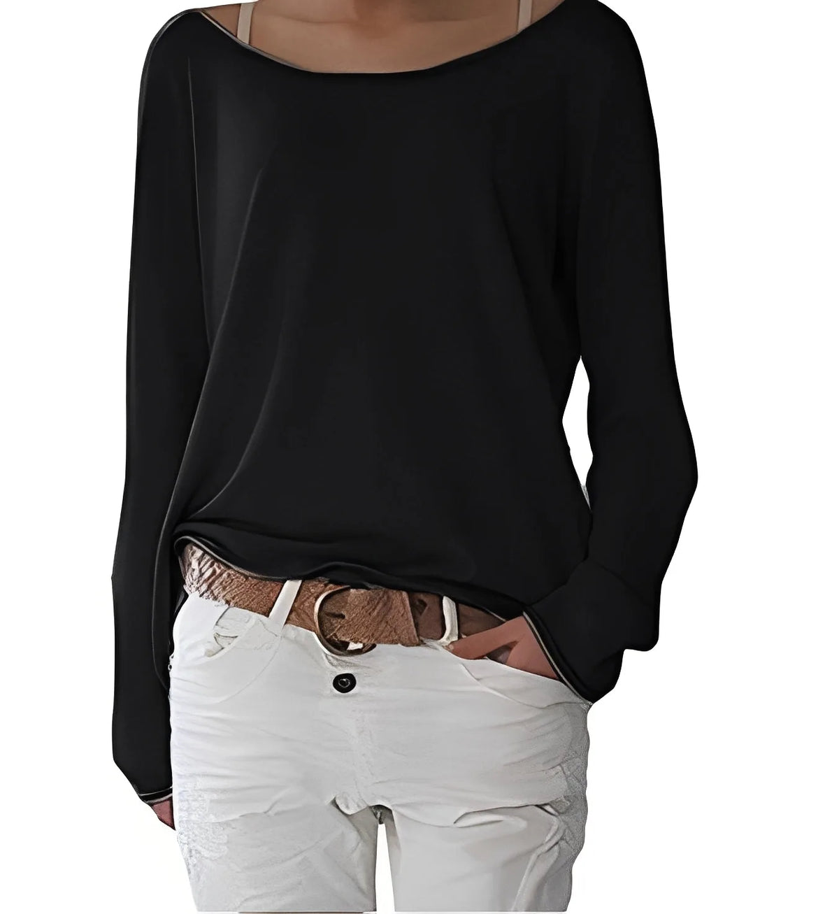Grey melange knit jumper with wide neckline and long sleeves, shown front-on over white trousers and belt