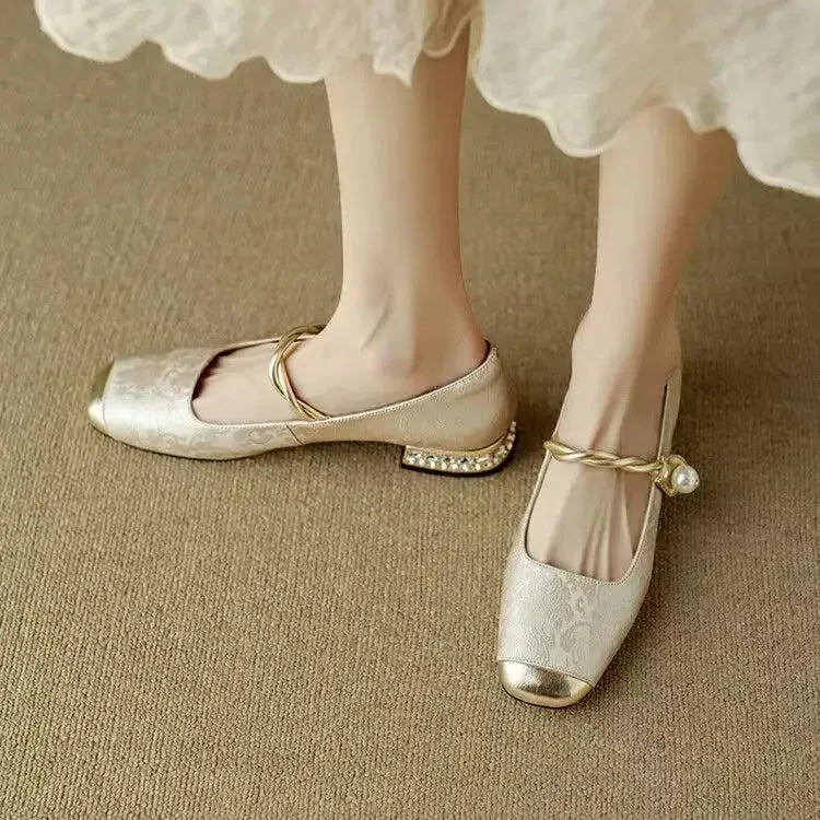 Braided Pearl Strap Brocade Mary Jane Flats for Women image 11