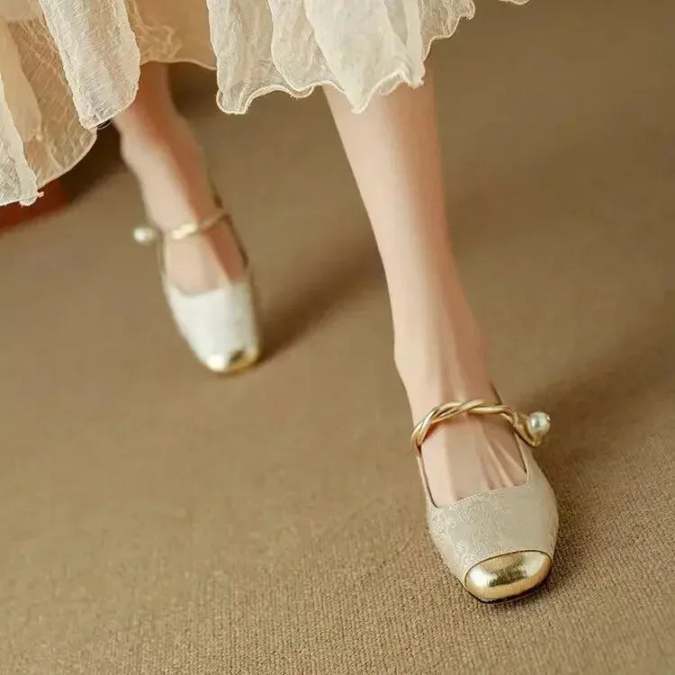 Braided Pearl Strap Brocade Mary Jane Flats for Women image 13