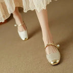 Braided Pearl Strap Brocade Mary Jane Flats for Women image 13