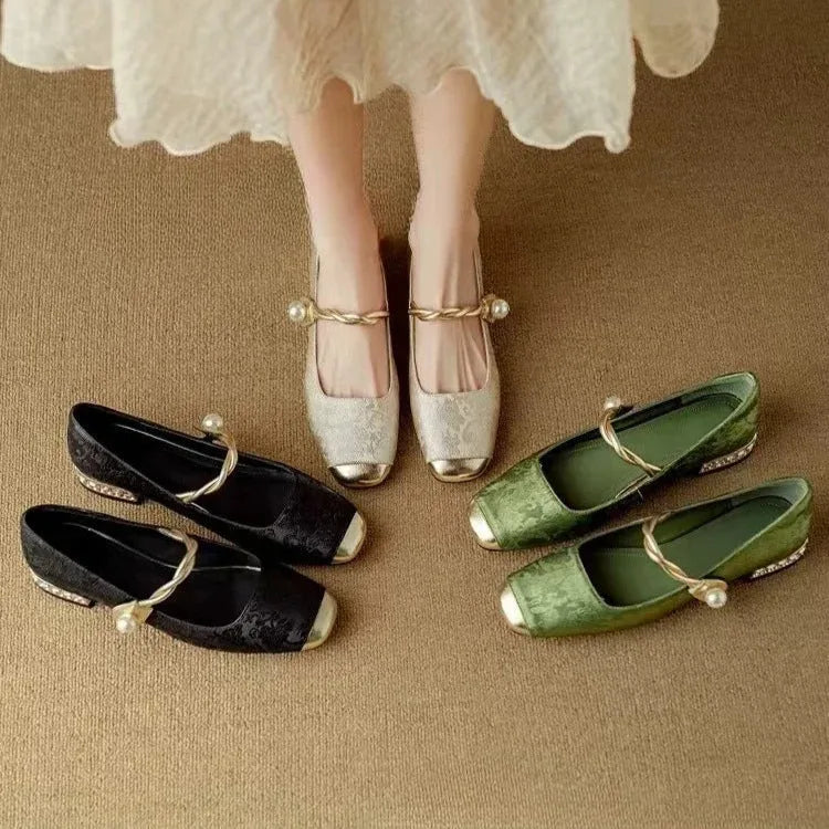 Braided Pearl Strap Brocade Mary Jane Flats for Women image 14