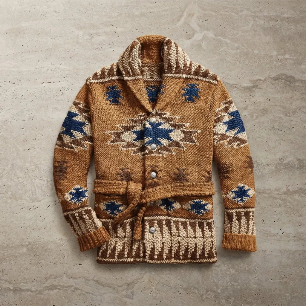 Brown knitted shawl-collar cardigan with navy and cream Aztec jacquard pattern, belted waist and popper buttons, laid flat.