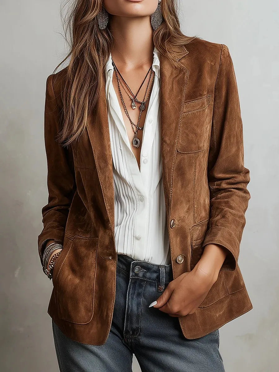 Front view of a woman wearing a brown suede blazer over a white blouse with layered pendant necklaces