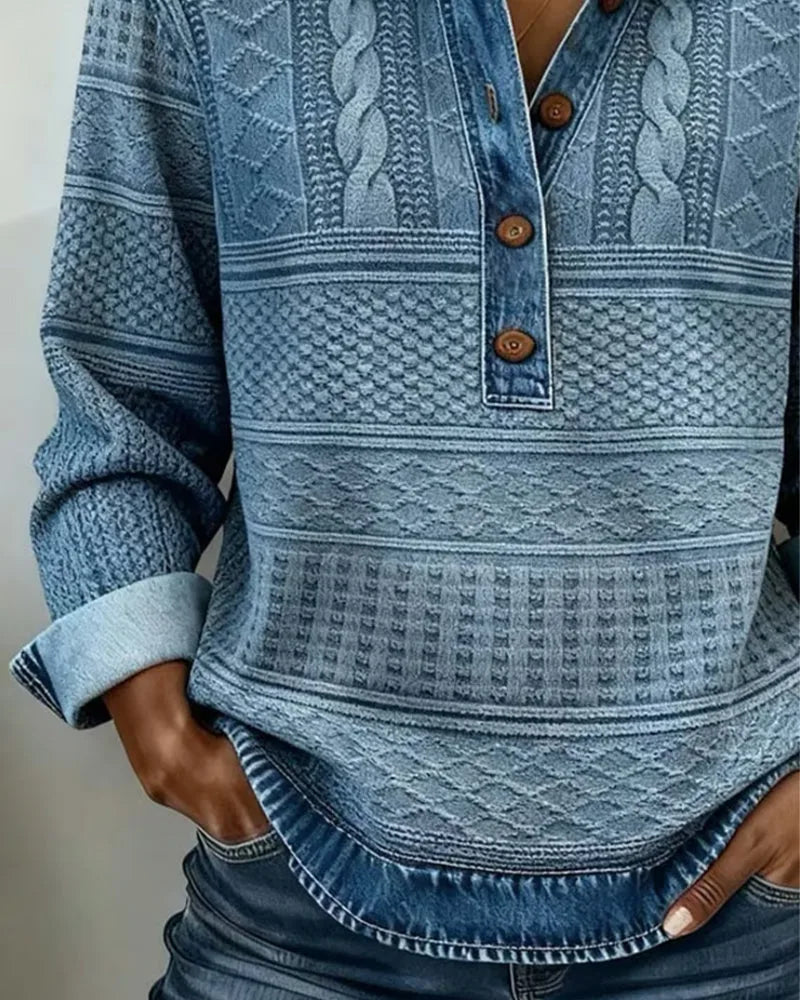 Cable Knit Button-Up Jumper with Denim-Look Collar