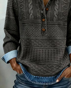 Close-up of grey textured knit panel with wooden buttons and folded denim cuff detail