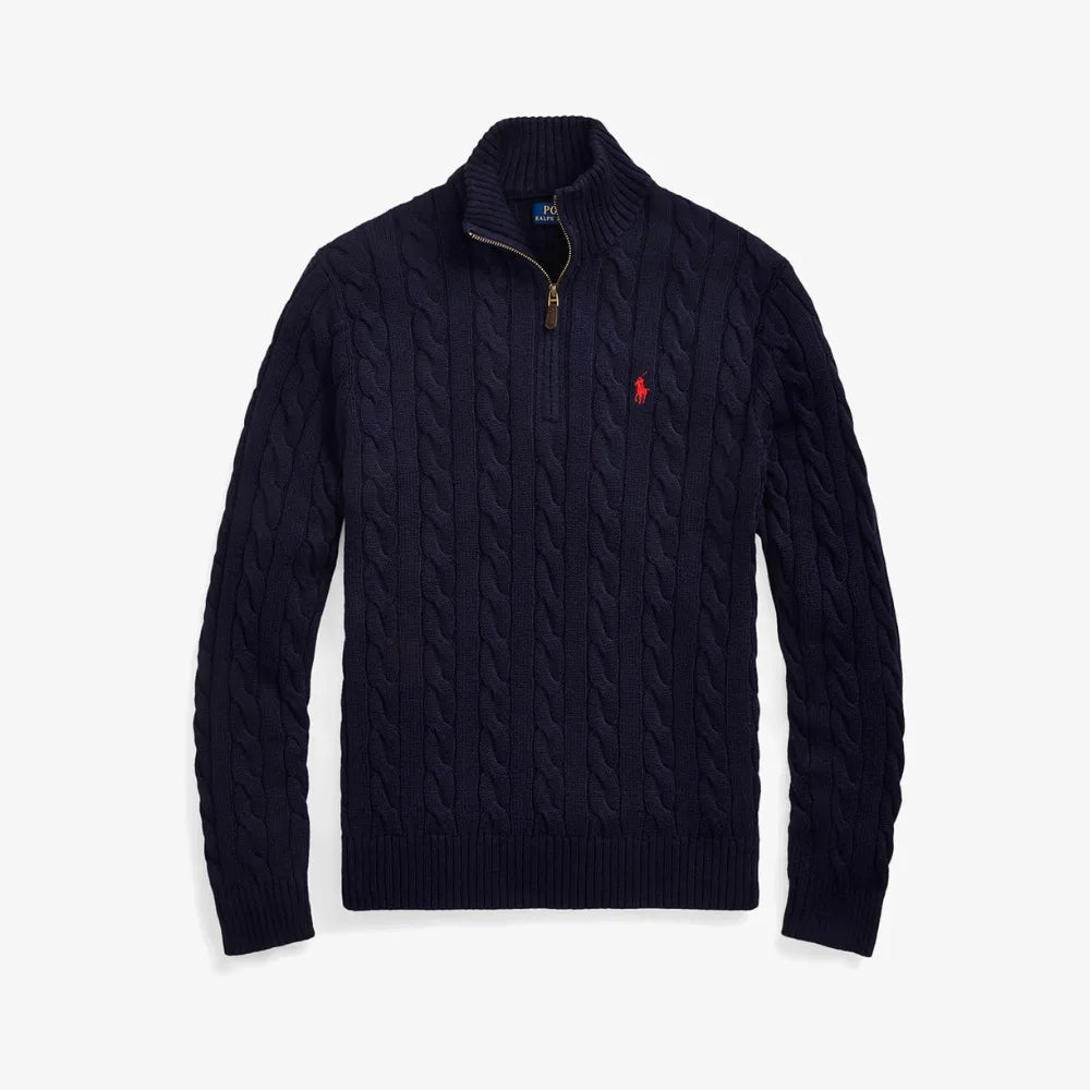 Navy cable-knit quarter-zip jumper laid flat, showing ribbed mockneck, suede zip pull and embroidered pony logo