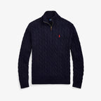 Navy cable-knit quarter-zip jumper laid flat, showing ribbed mockneck, suede zip pull and embroidered pony logo